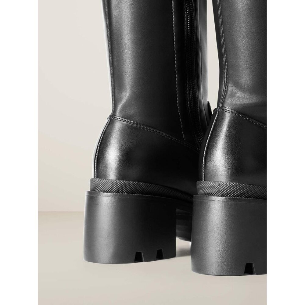 Women's Black-pu Faux Leather Knee High Over The Knee High Chunky Heel Boots - Picture 4 of 7